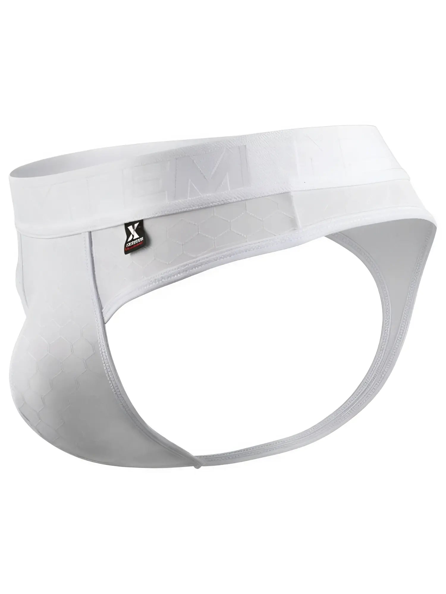White Xtremen thong with a subtle honeycomb texture and branded elastic waistband.