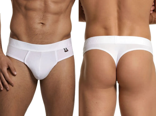 Xtremen white thong underwear for men with a subtle honeycomb texture and branded elastic waistband.