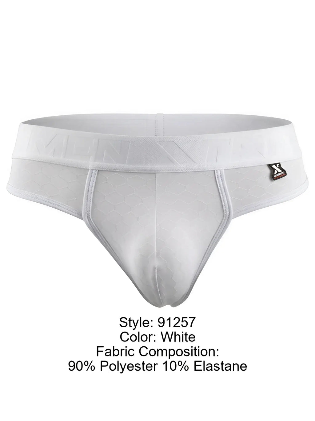White Xtremen thong with a subtle hexagonal pattern and branded waistband.