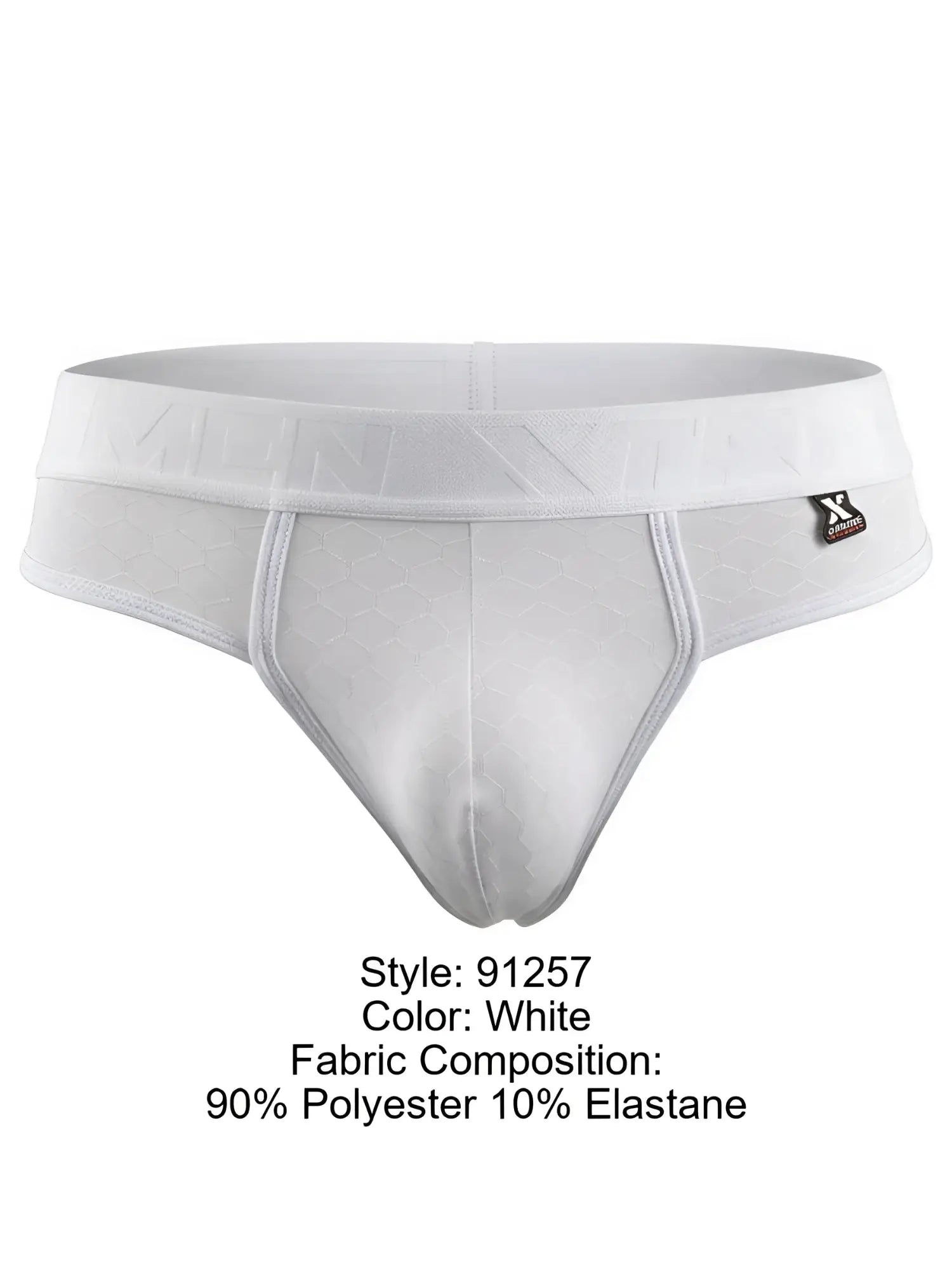 White Xtremen thong with a subtle hexagonal pattern and branded waistband.