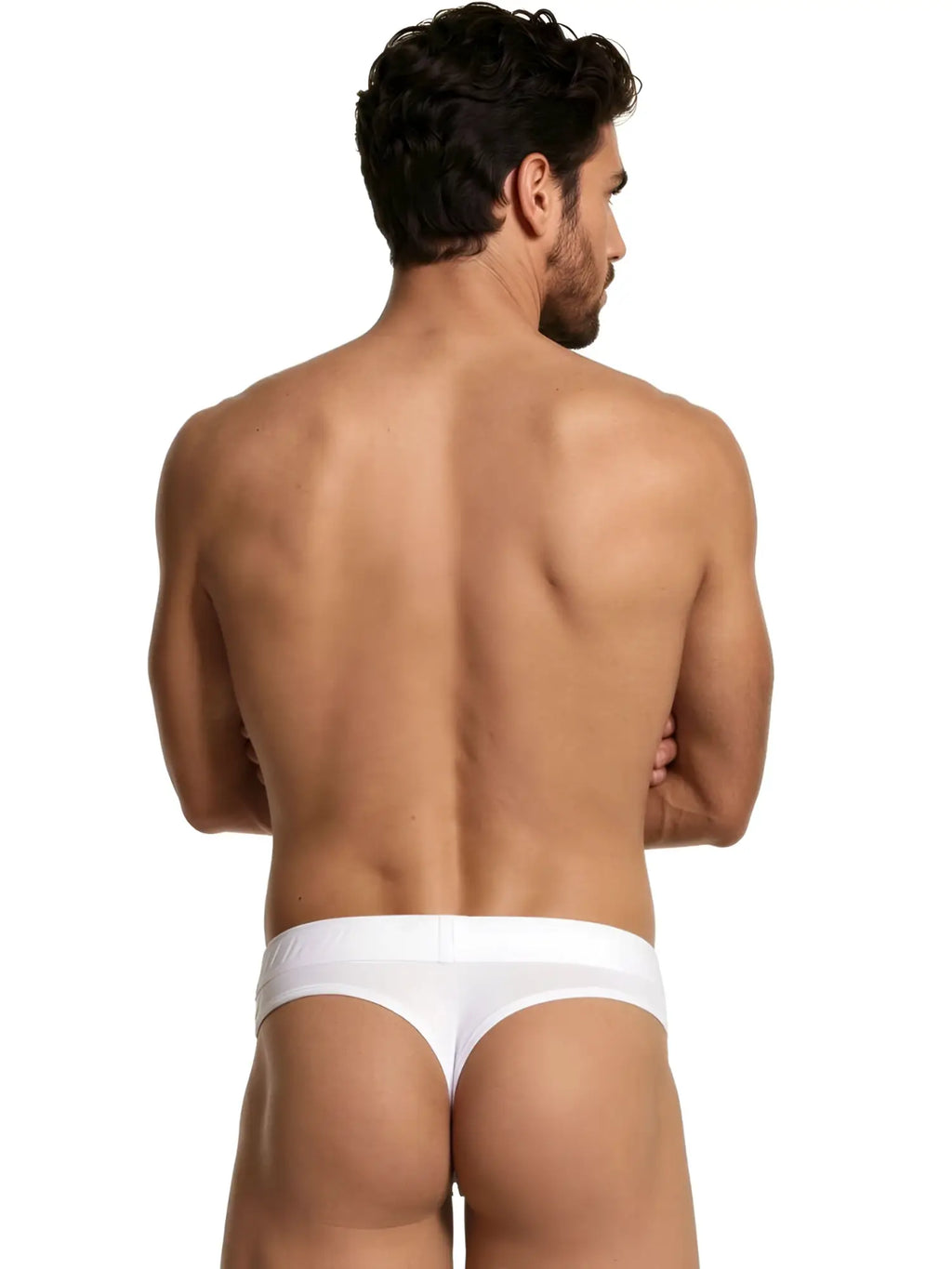 Man wearing white Xtremen thong underwear seen from behind.