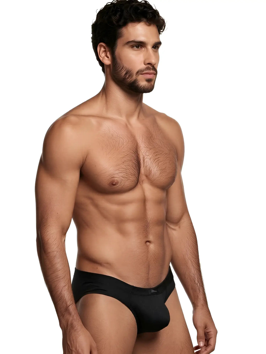 Model wearing black Xtremen briefs featuring a subtle honeycomb pattern.