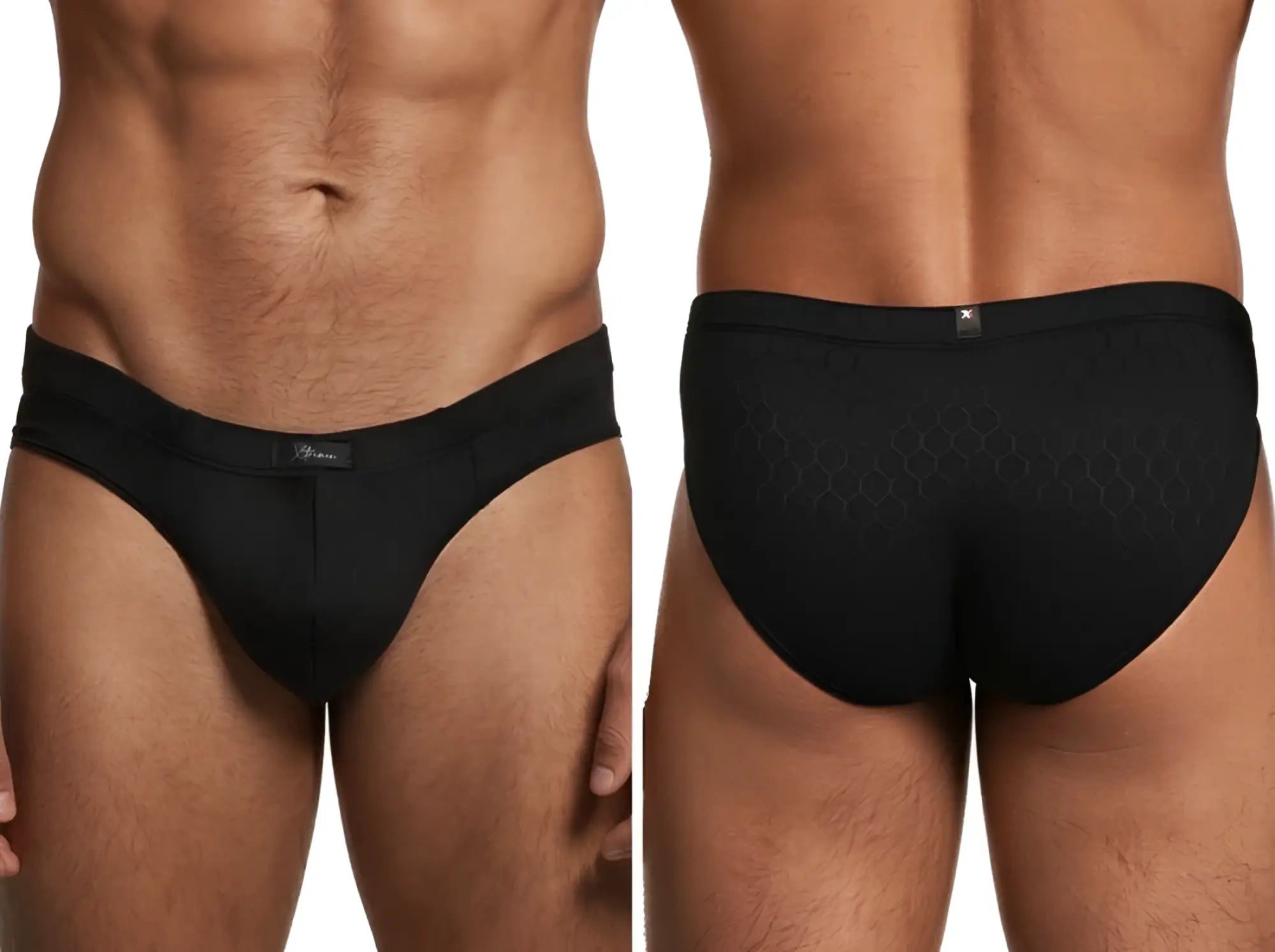 Xtremen black briefs with subtle tonal honeycomb pattern, shown from front and back views.