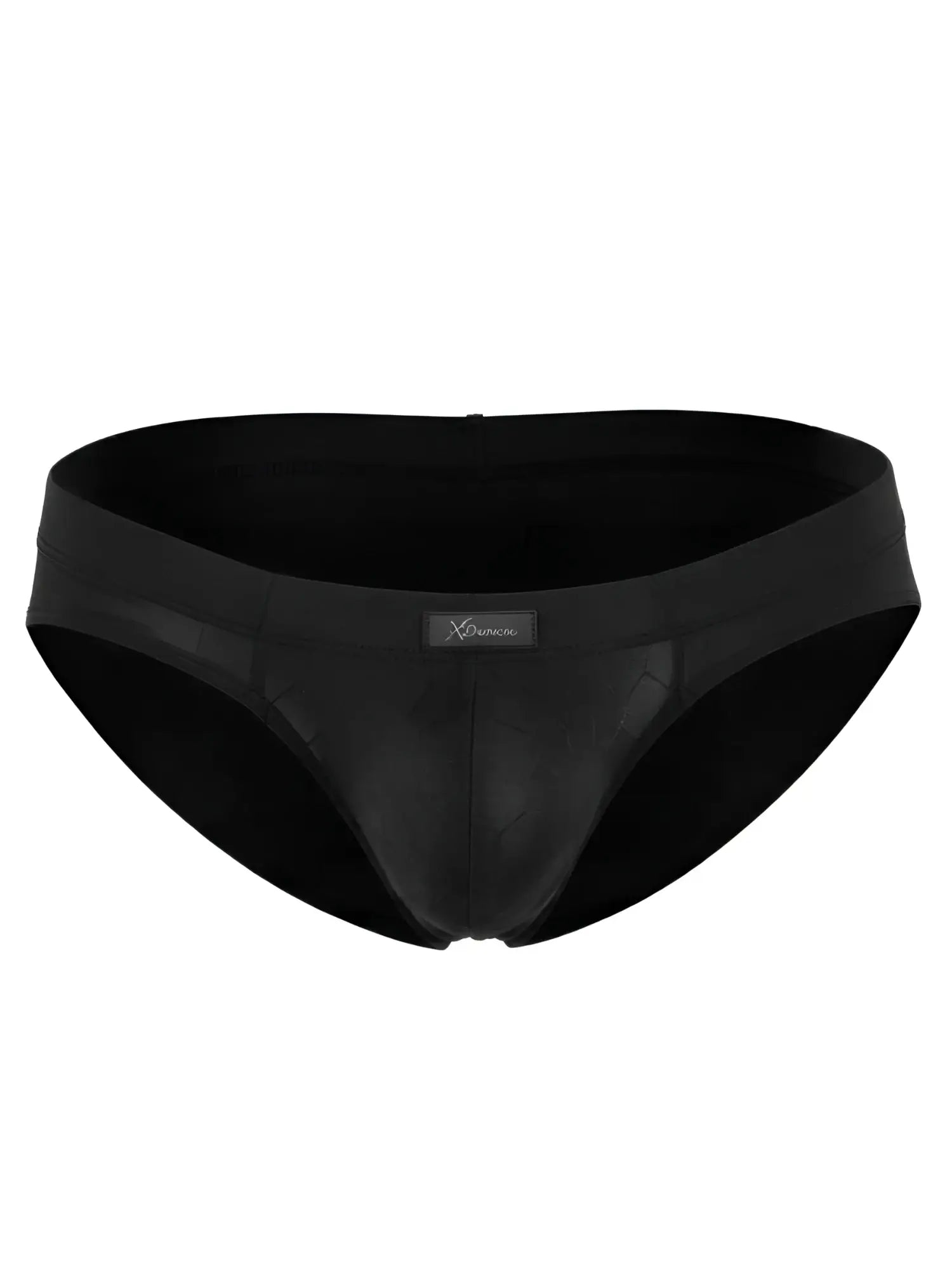 Xtremen black briefs with subtle geometric pattern and front brand logo patch.