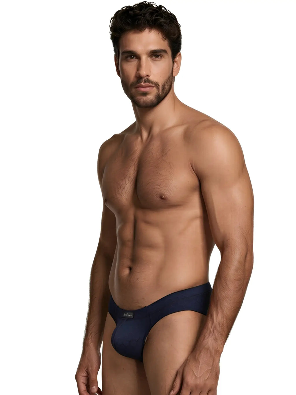 Xtremen navy blue honeycomb-pattern briefs modeled by a fit man against a white background.
