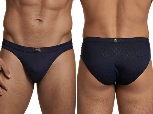 Xtremen navy blue briefs featuring a subtle tonal honeycomb pattern, shown from the front and back.