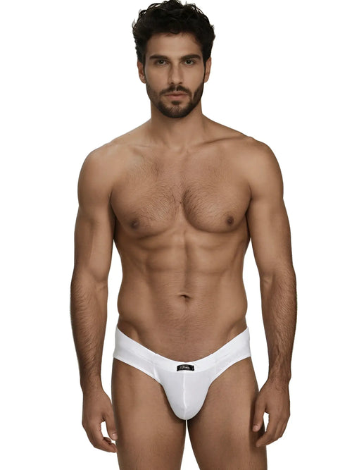 Man wearing white Xtremen briefs with a subtle textured pattern.
