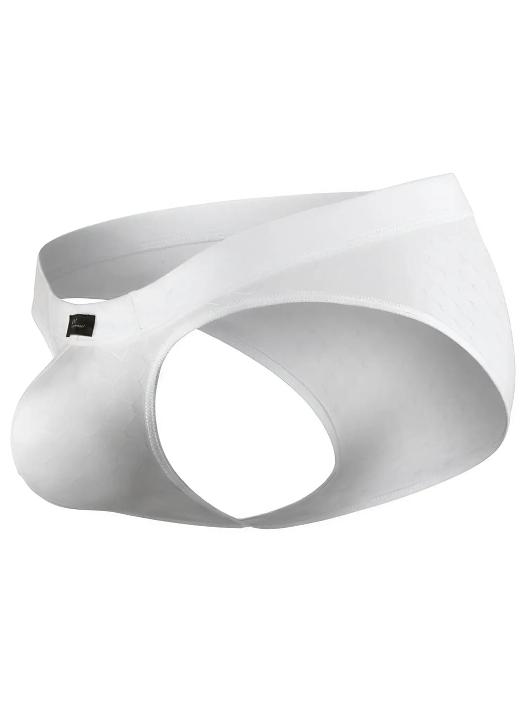 White Xtremen briefs with a subtle honeycomb texture and an open side design.