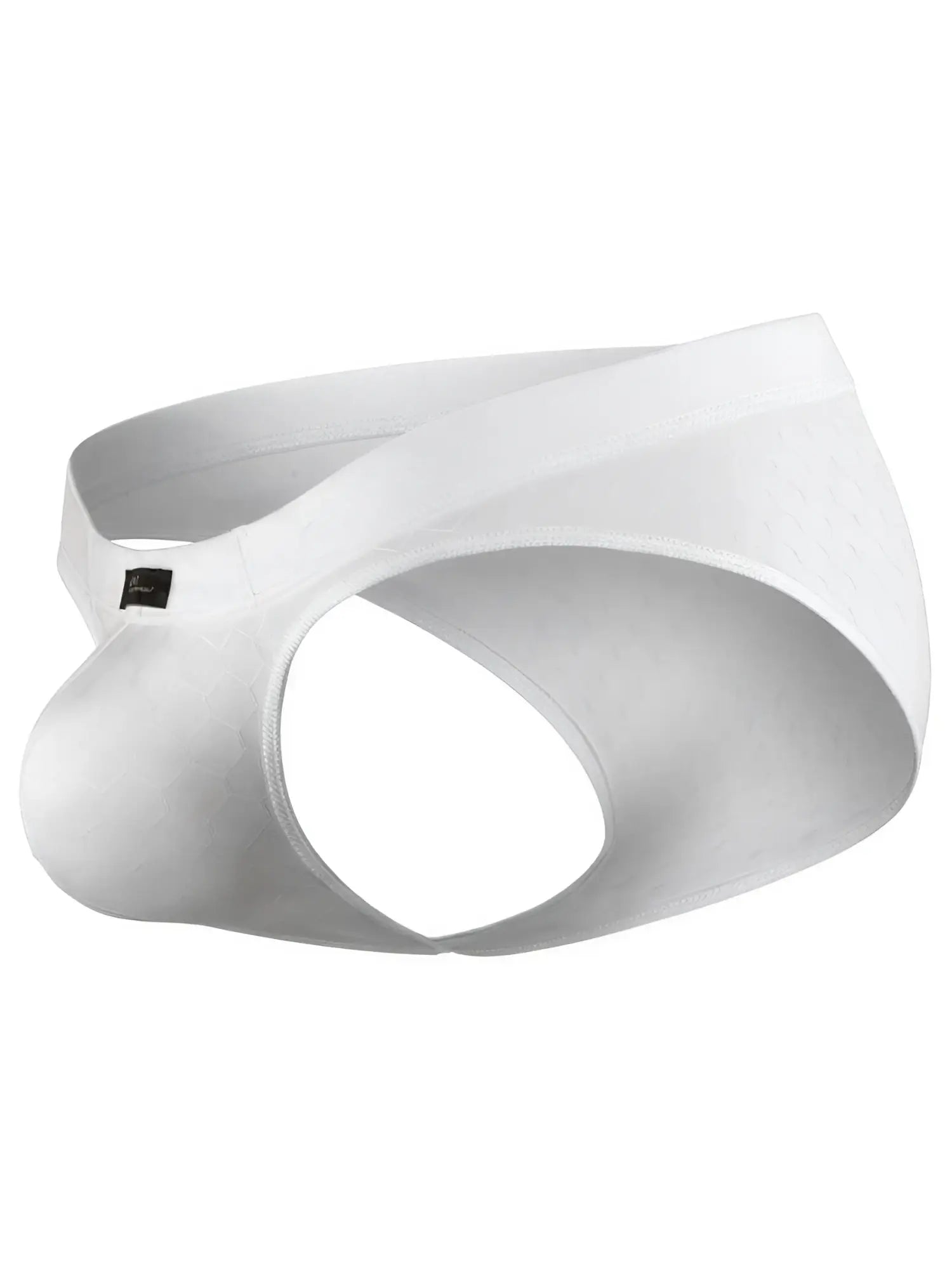 White Xtremen briefs with a subtle honeycomb texture and an open side design.