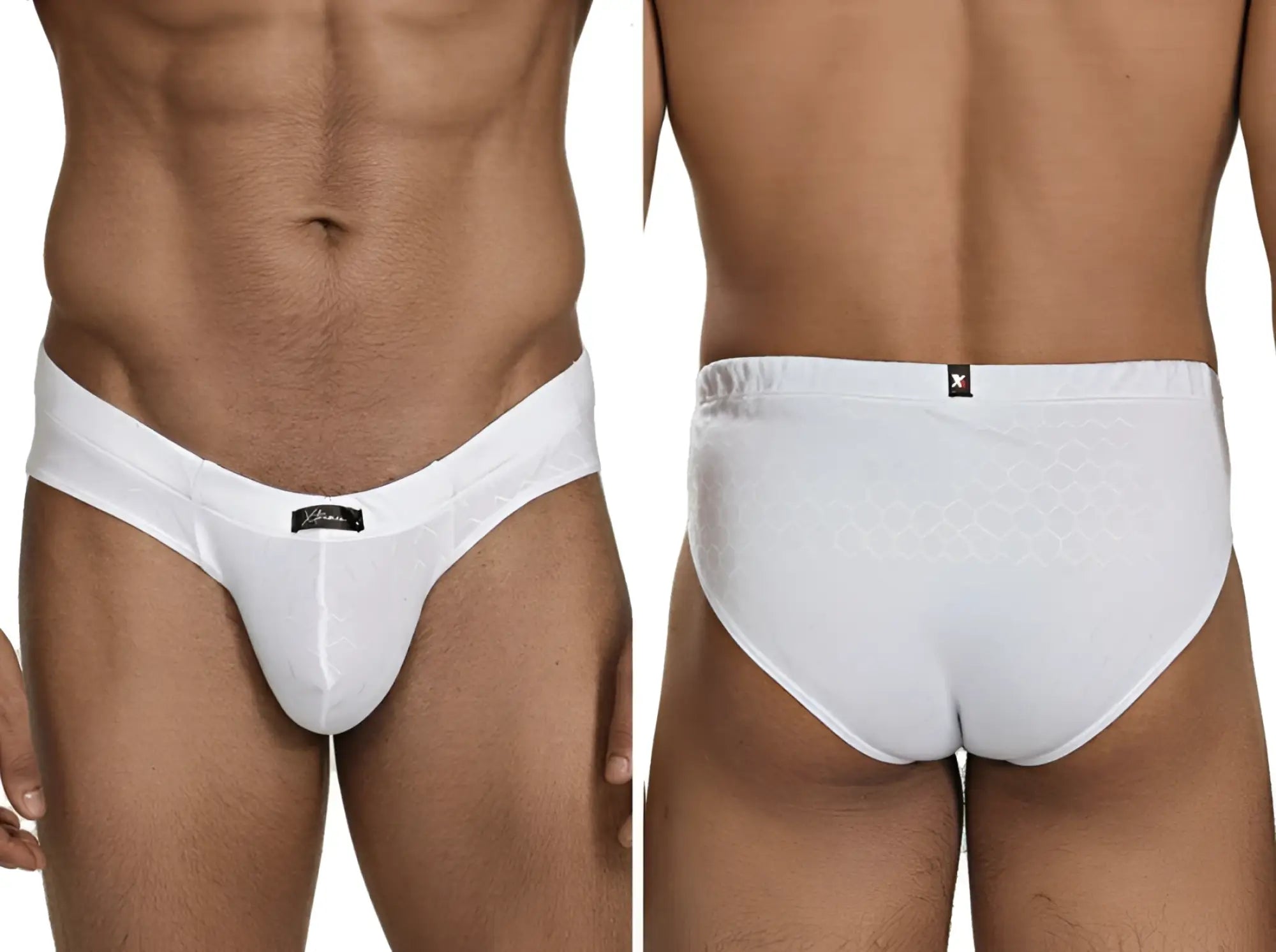 Xtremen white briefs with a subtle honeycomb pattern, shown from the front and back on a model.