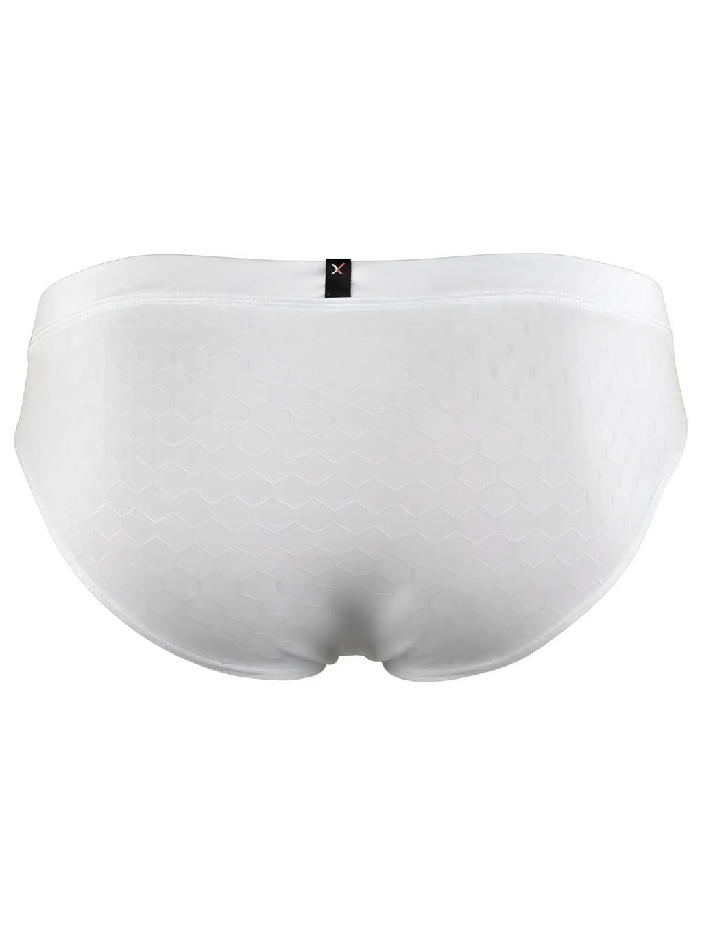 Xtremen white briefs with a subtle embossed honeycomb pattern and a small black brand logo tag on the back waistband.