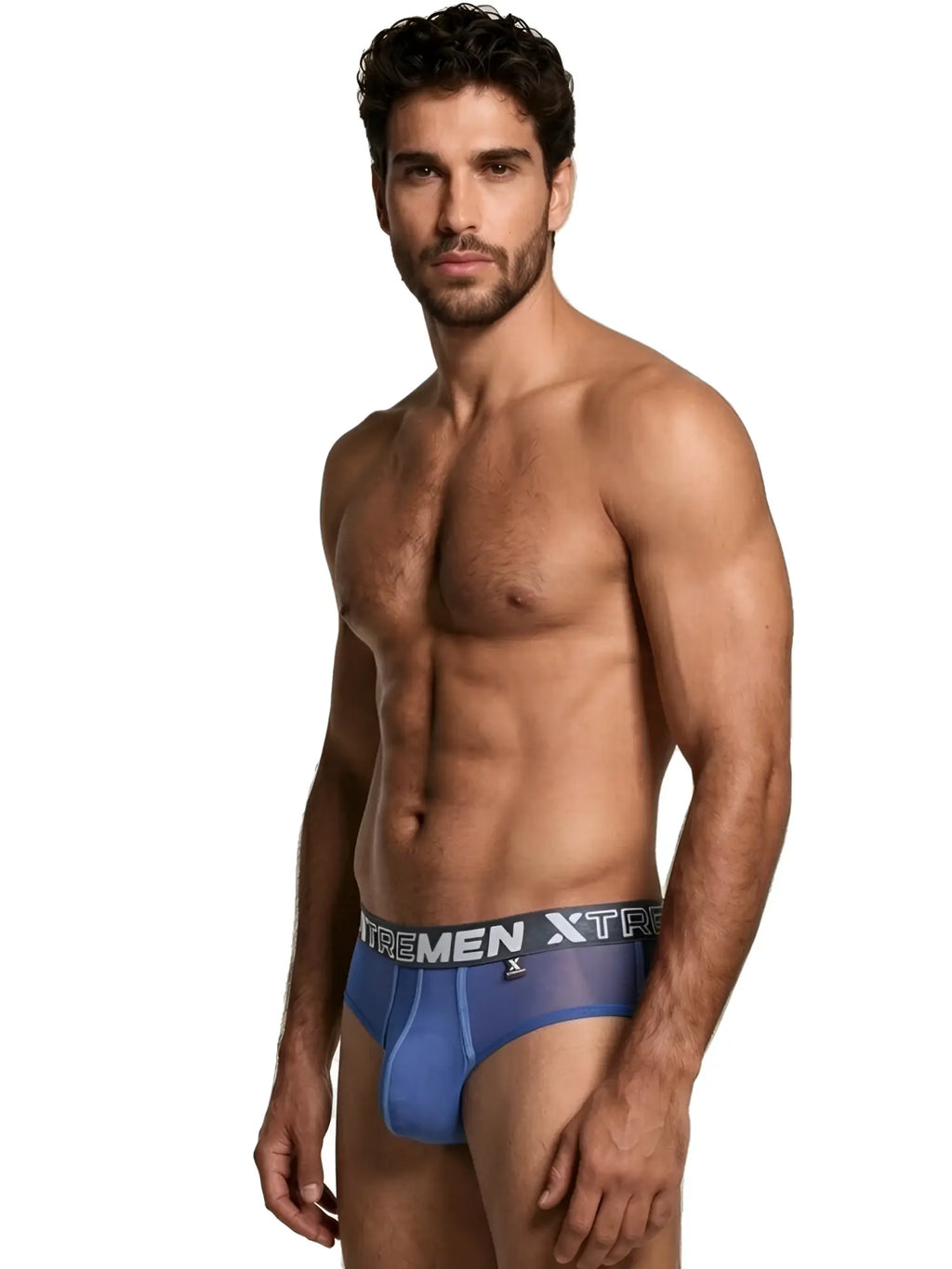 Xtremen blue mesh briefs for men with a branded grey waistband, worn by a shirtless model.