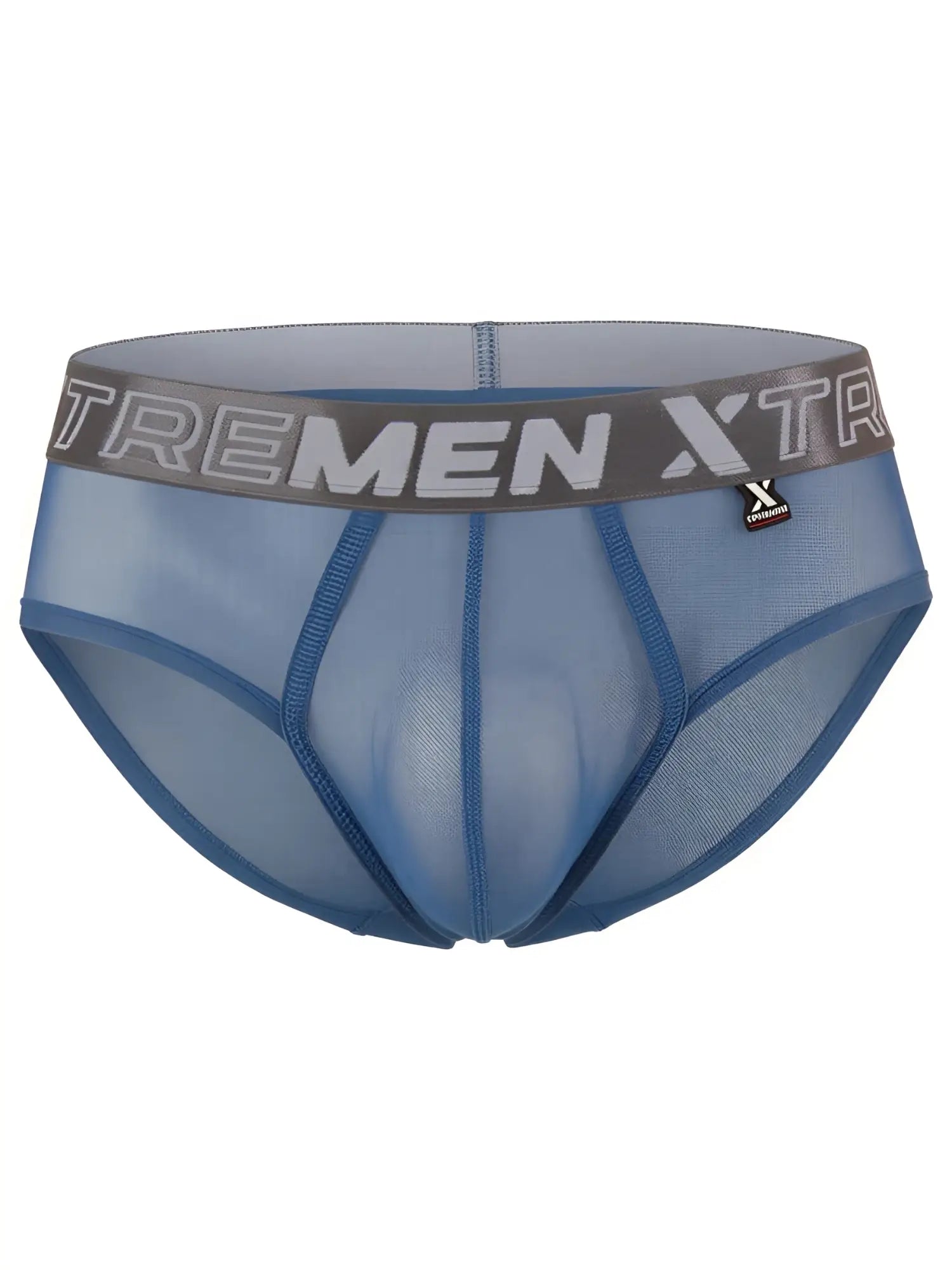 Xtremen men's blue mesh briefs with a gray branded waistband and a small logo tag.