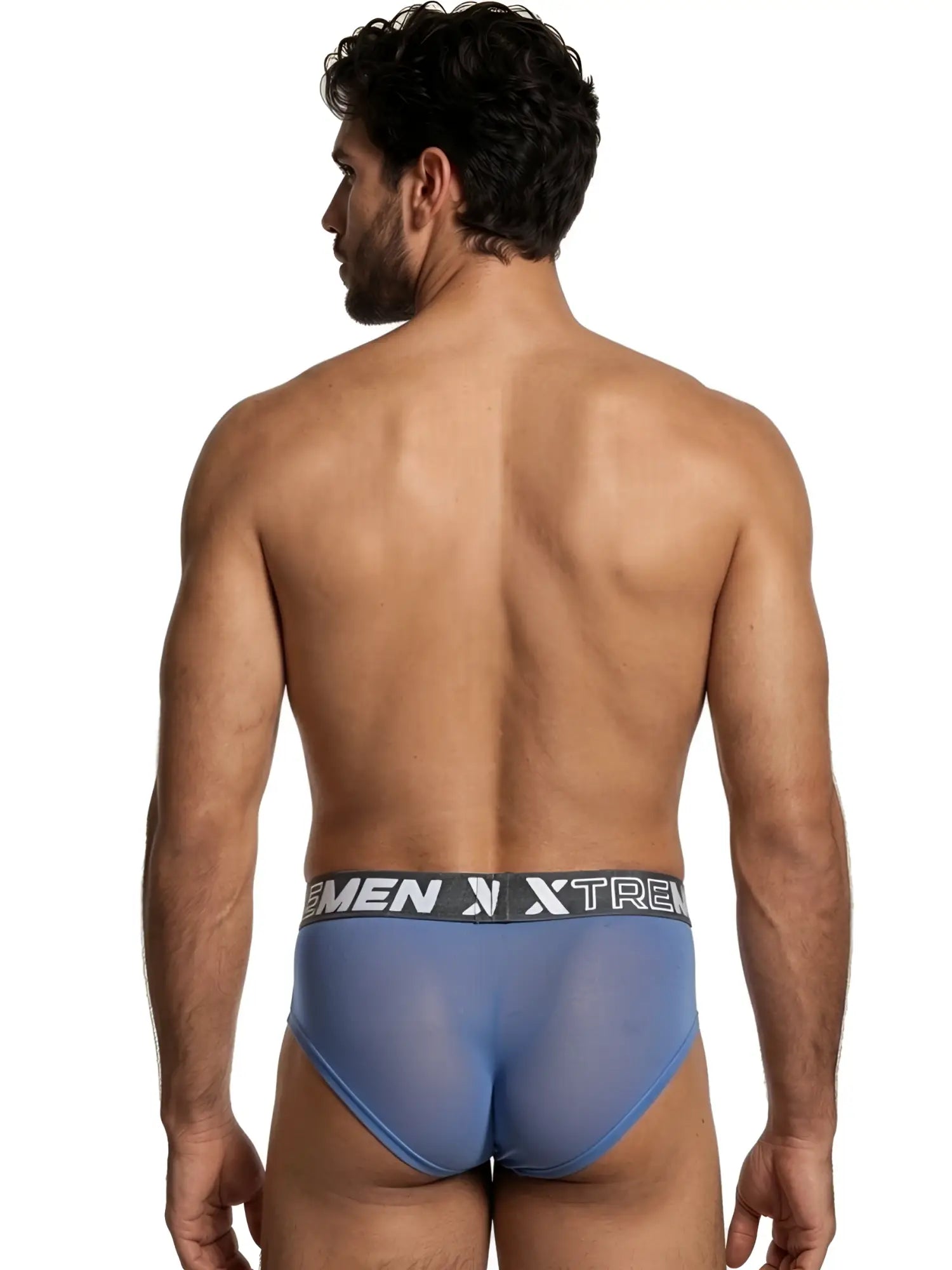 Back view of a man wearing blue sheer mesh Xtremen briefs with a branded grey waistband.