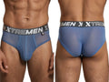 Front and back view of blue mesh Xtremen briefs with a branded gray elastic waistband.