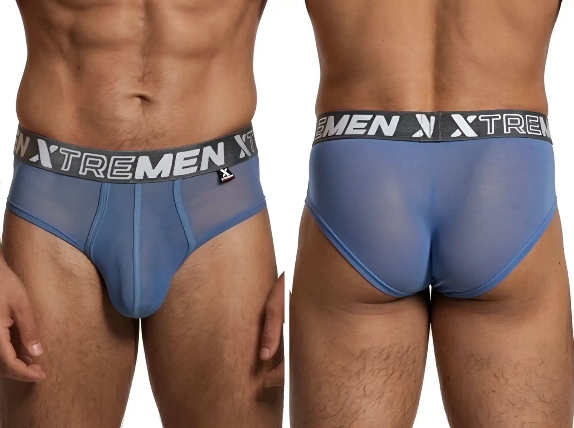 Front and back view of blue mesh Xtremen briefs with a branded gray elastic waistband.
