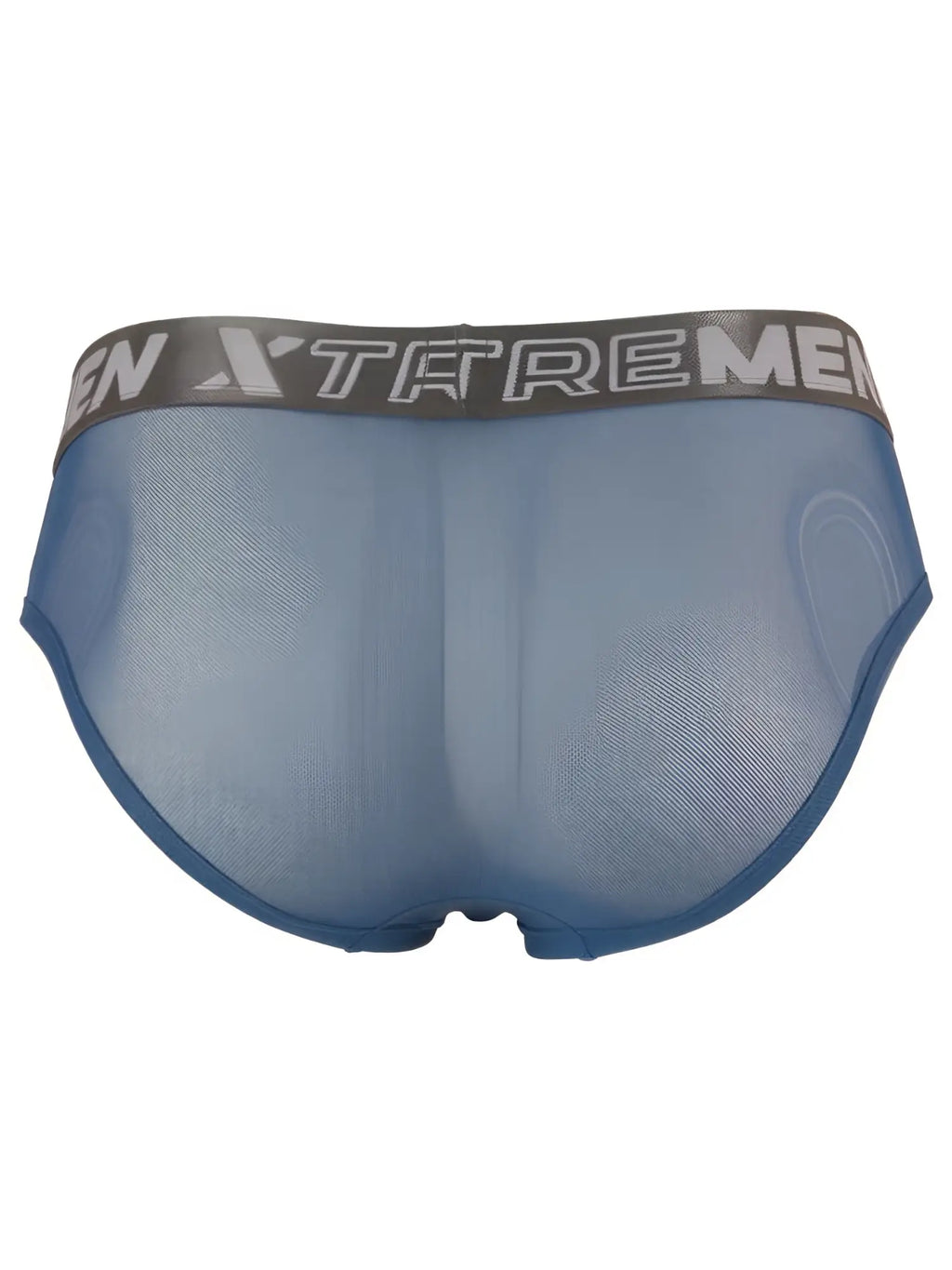 Xtremen men’s sheer blue mesh briefs with a gray branded elastic waistband, seen from the back.