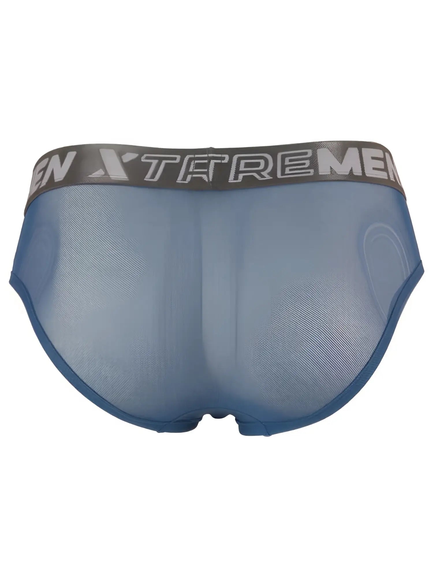 Xtremen men’s sheer blue mesh briefs with a gray branded elastic waistband, seen from the back.