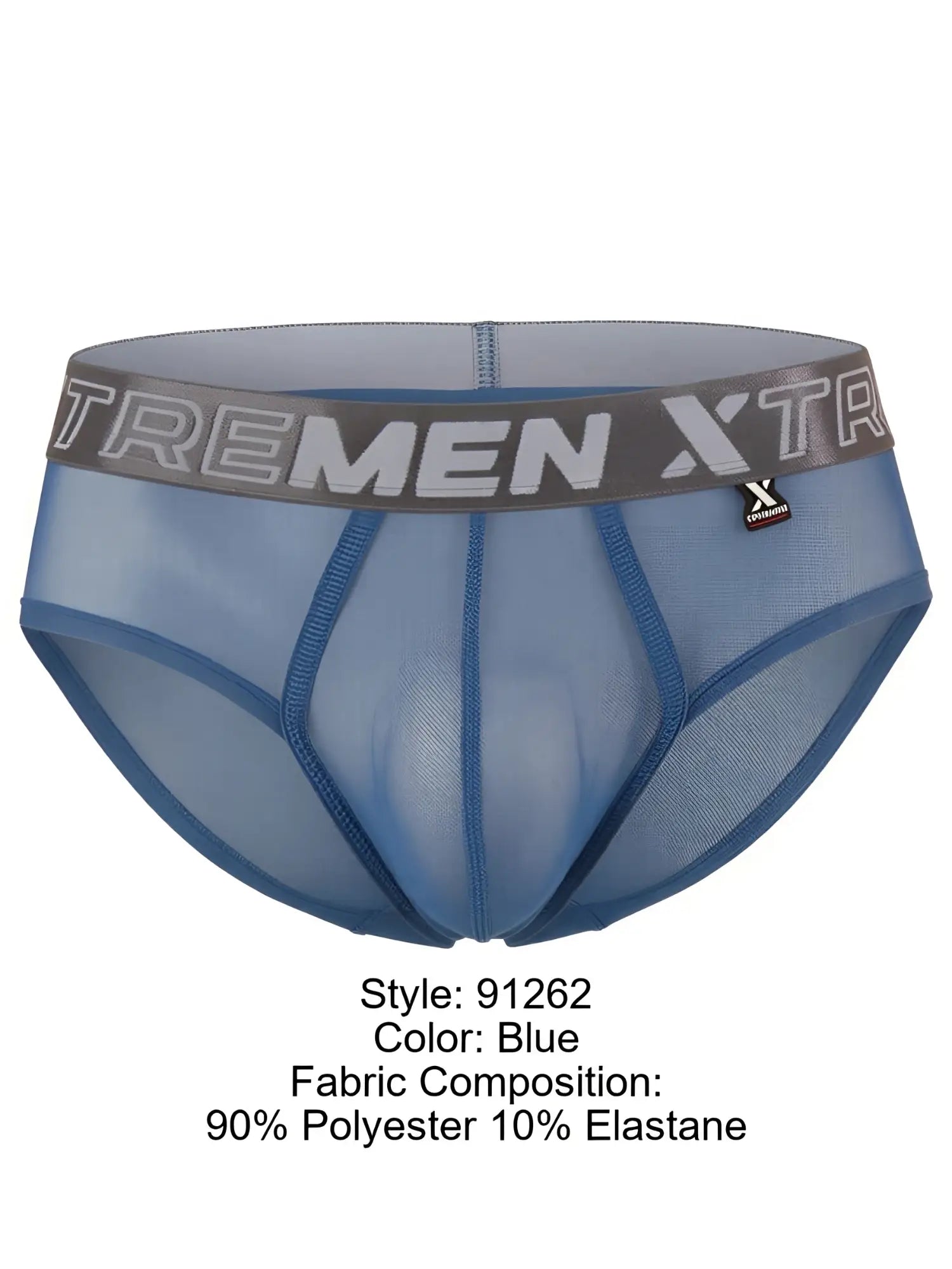 Xtremen blue mesh briefs featuring a branded grey elastic waistband.