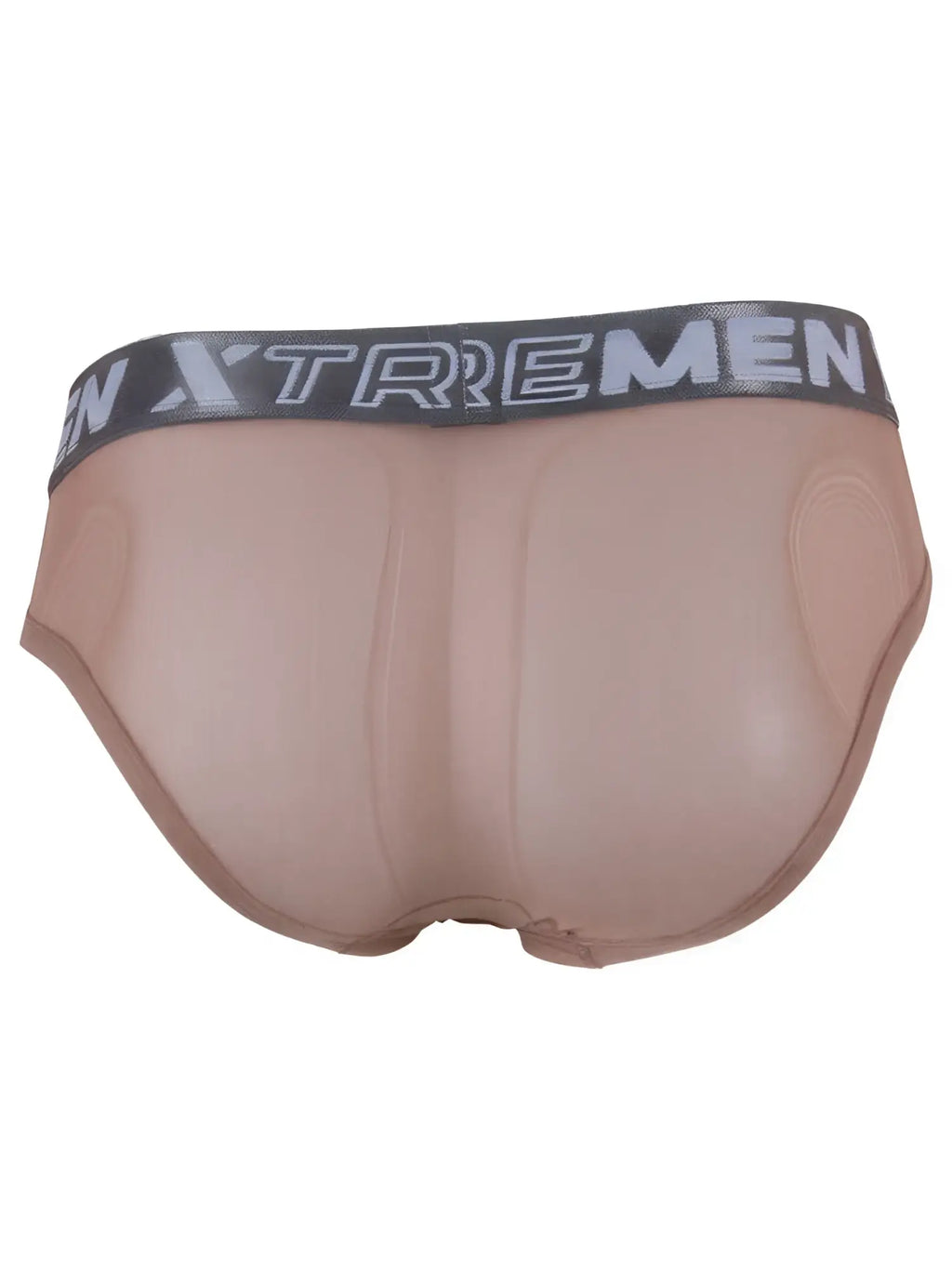 Xtremen beige sheer briefs with a grey branded elastic waistband.