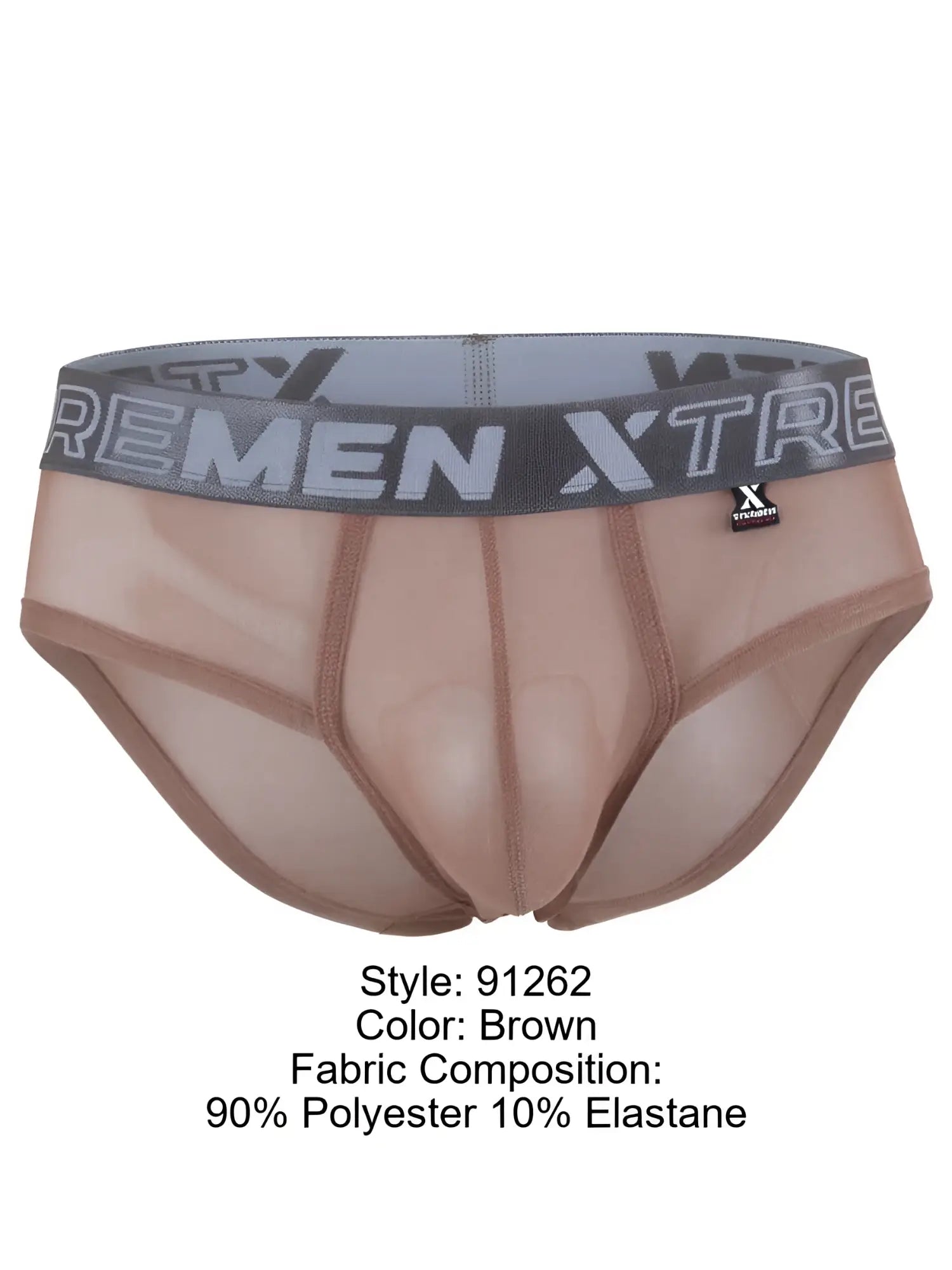 Xtremen brand brown sheer mesh briefs with a gray elastic logo waistband.