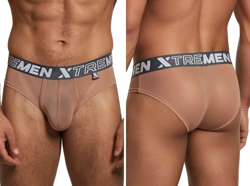 Xtremen sheer mesh briefs in nude beige with a grey logo waistband, shown from front and back views.