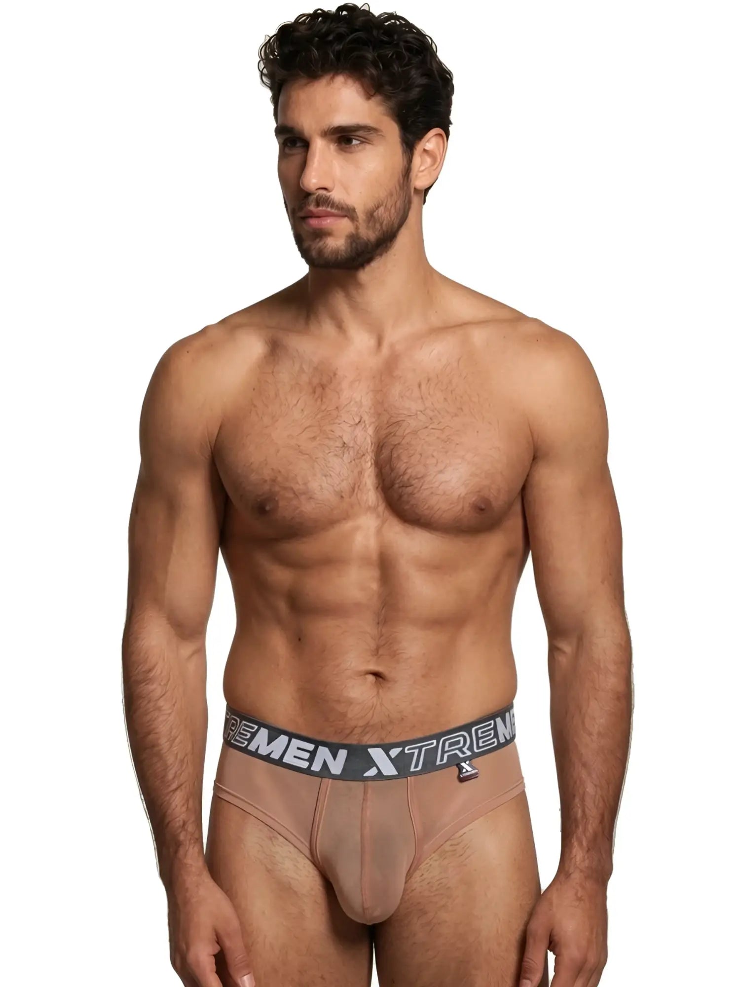 Xtremen men's sheer tan briefs featuring a branded elastic waistband on a fit model.