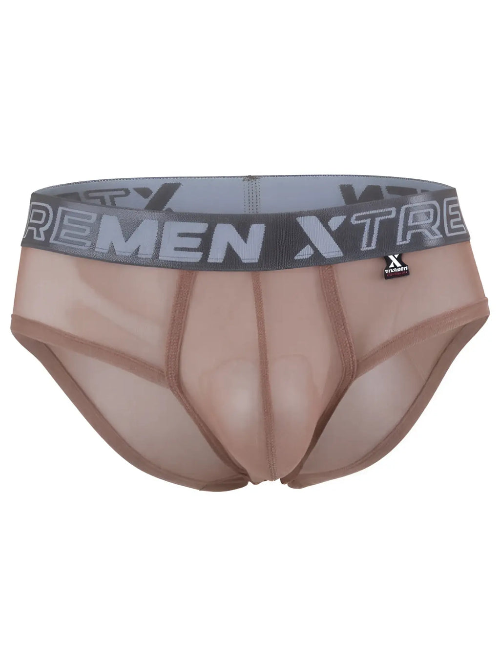 Xtremen sheer brown briefs with a wide grey branded elastic waistband and a small logo tag.