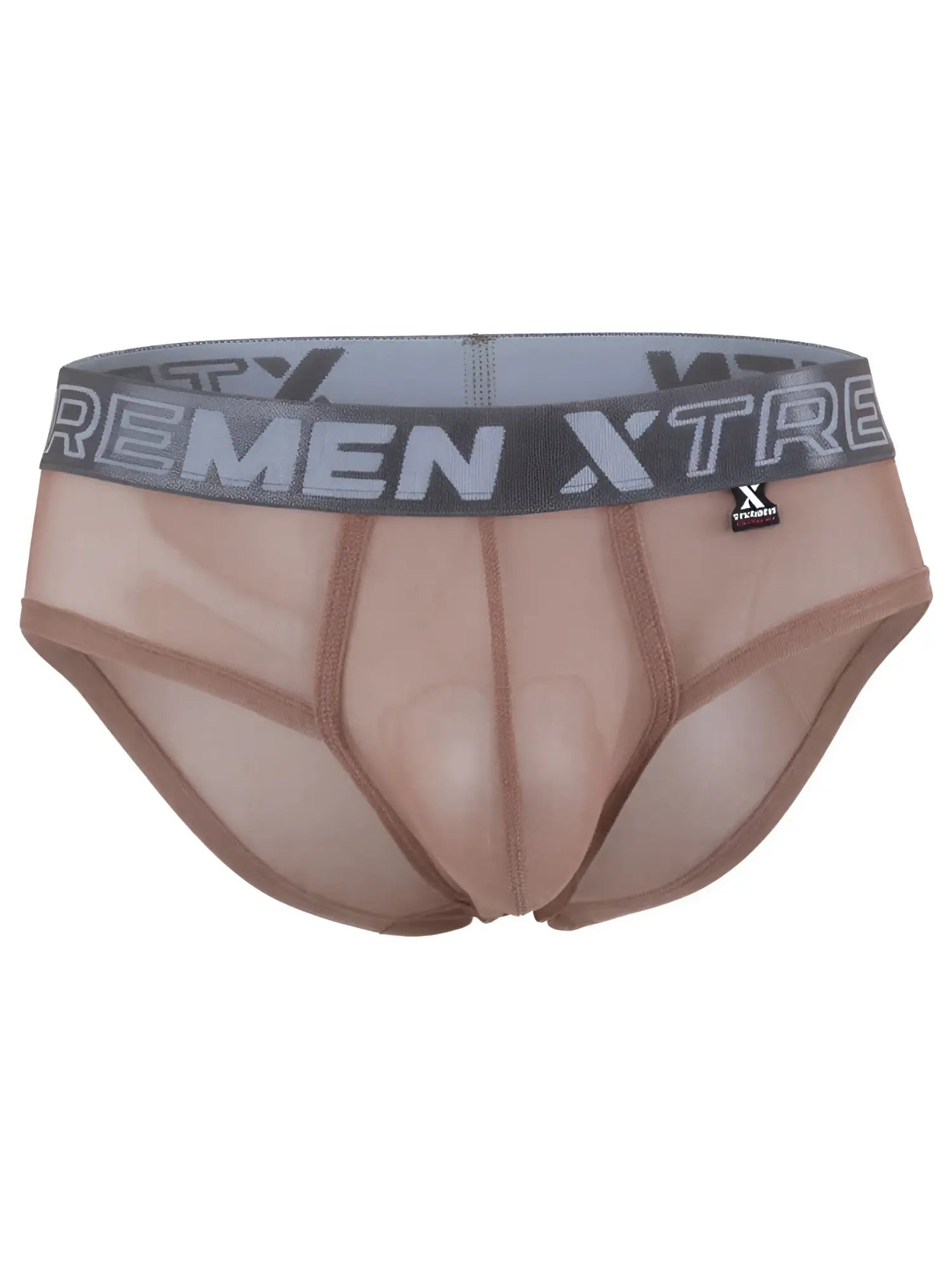 Xtremen sheer brown briefs with a wide grey branded elastic waistband and a small logo tag.