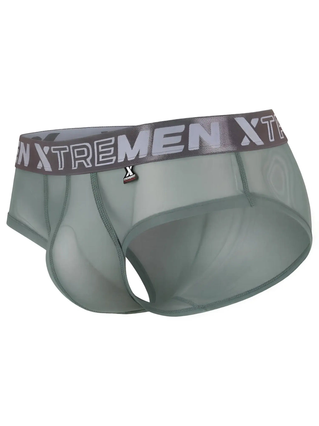 Xtremen men’s sheer sage green briefs with a branded waistband and pouch.