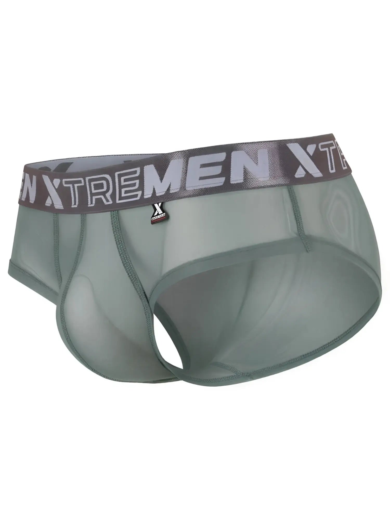 Xtremen men’s sheer sage green briefs with a branded waistband and pouch.