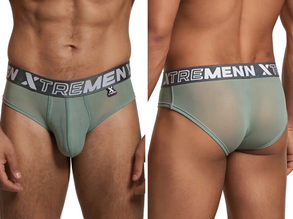 Xtremen sage green sheer mesh briefs with a grey branded waistband, shown from front and back views.