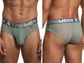 Xtremen sage green sheer mesh briefs with a grey branded waistband, shown from front and back views.