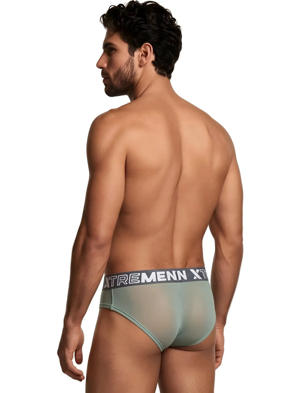 Xtremen men's sheer sage green briefs with a branded grey elastic waistband, viewed from the back.