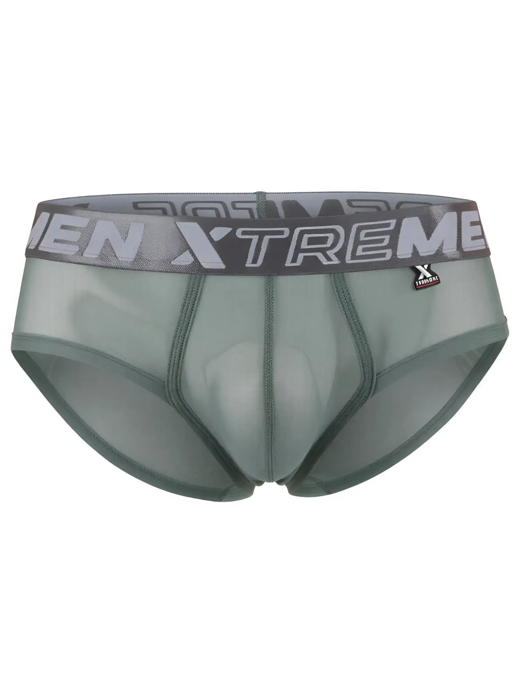 Xtremen sheer olive green men's briefs with a branded gray elastic waistband and front contour pouch.
