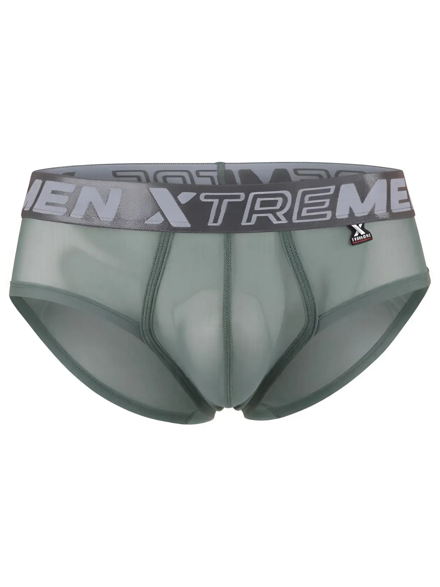 Xtremen sheer olive green men's briefs with a branded gray elastic waistband and front contour pouch.