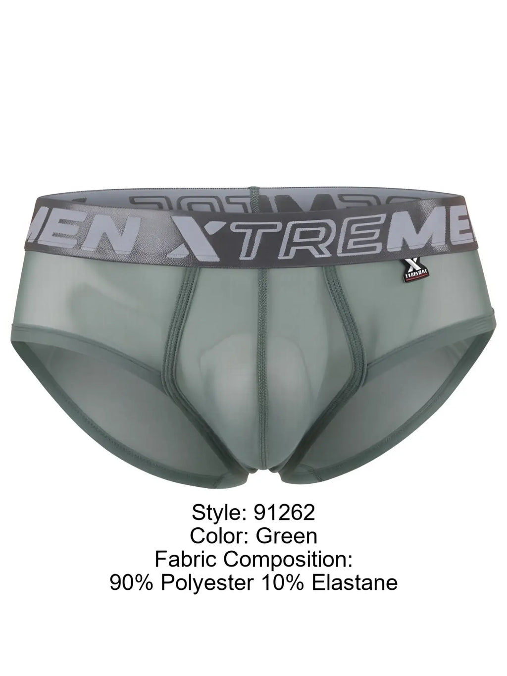 Xtremen green semi-sheer mesh briefs with a gray branded waistband.