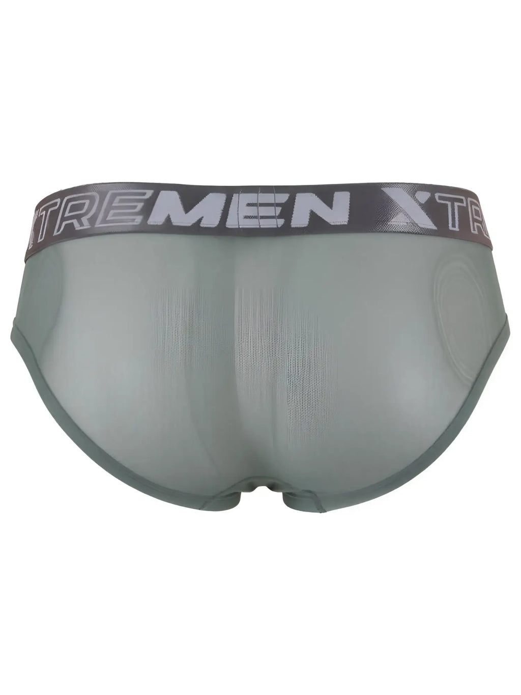 Xtremen men's sheer olive green briefs with a branded grey elastic waistband, viewed from the back.