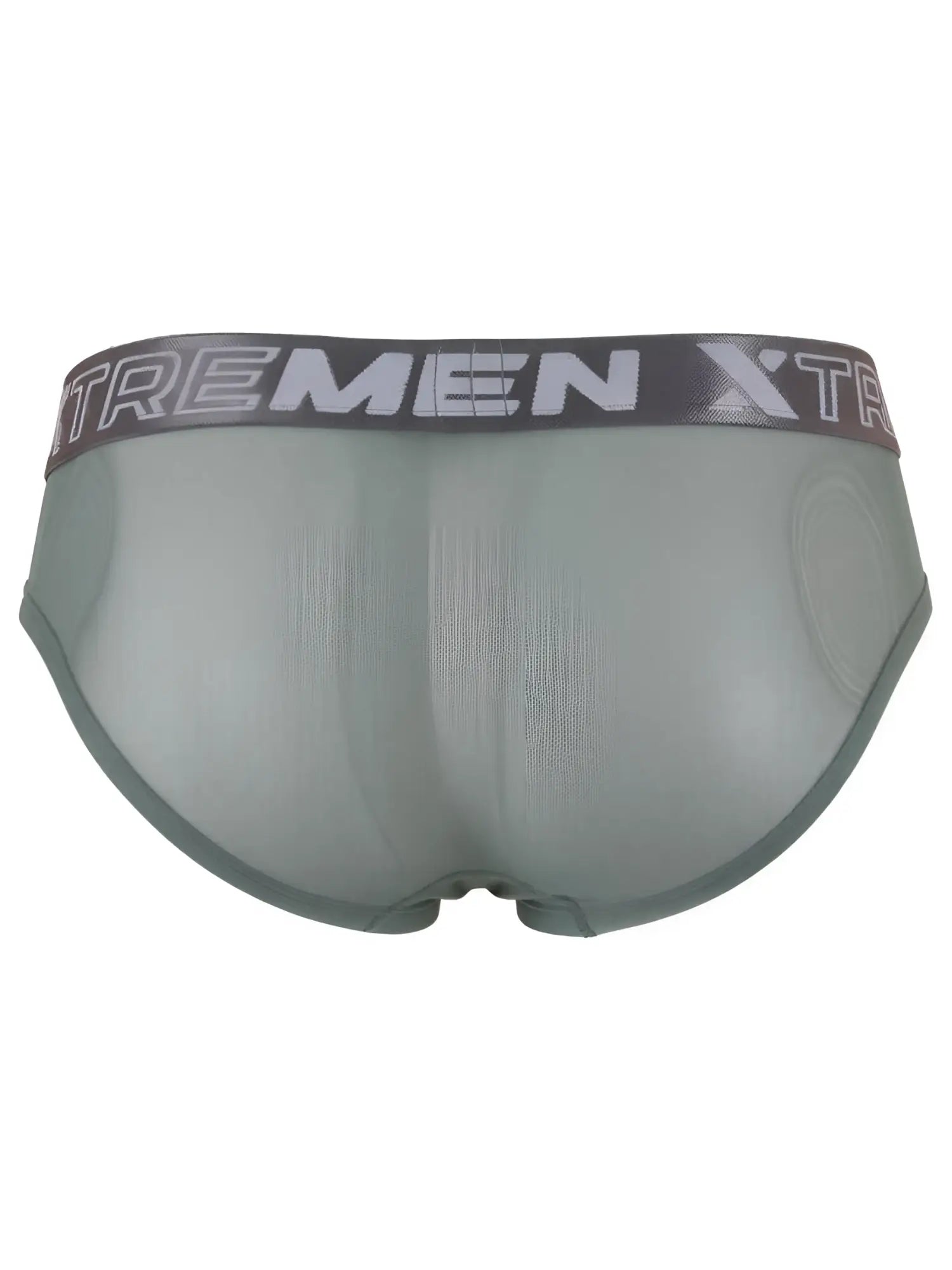 Xtremen men's sheer olive green briefs with a branded grey elastic waistband, viewed from the back.