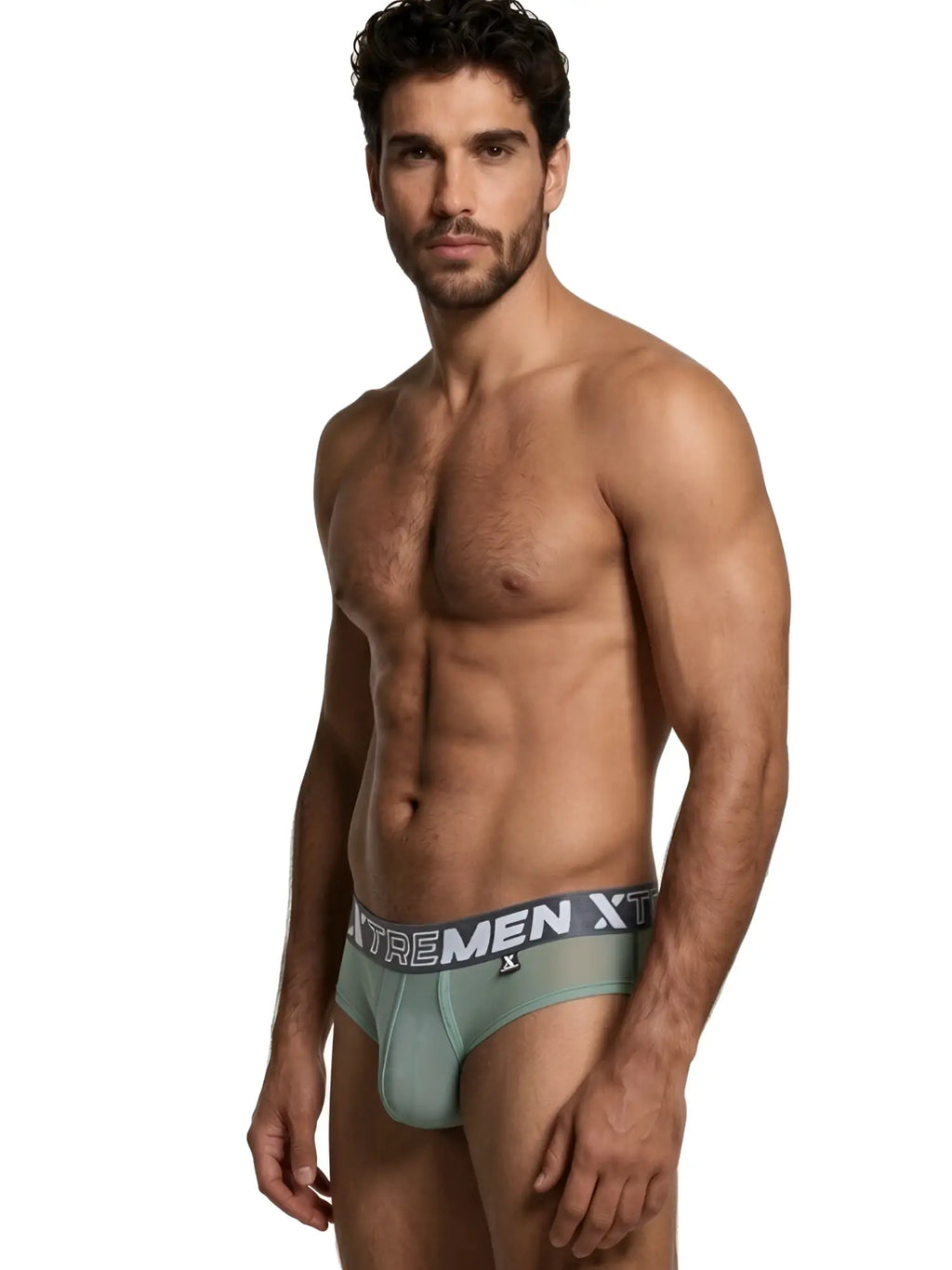 Xtremen men’s briefs in sage green sheer mesh with a branded grey elastic waistband, worn by a shirtless model.