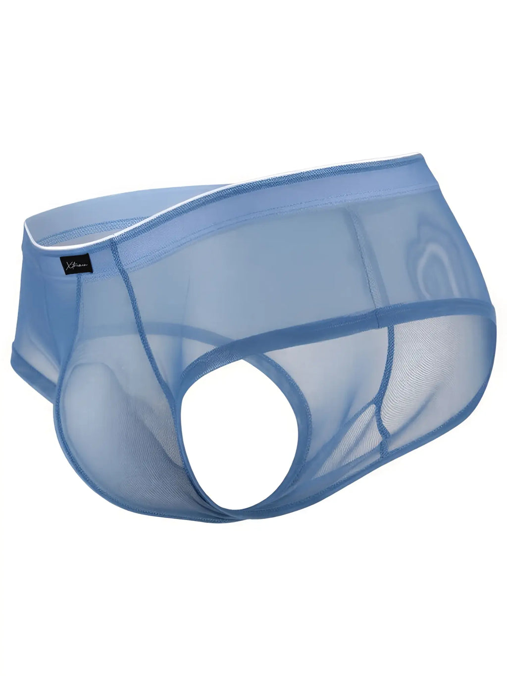 Blue Xtremen sheer mesh briefs with white trim detail.