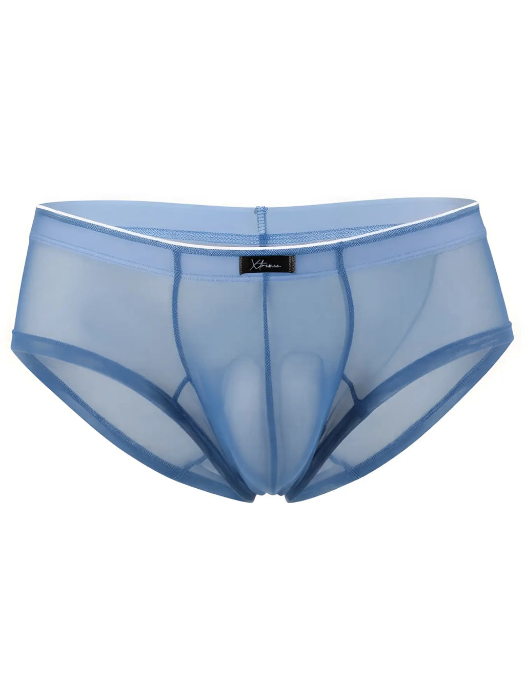 Xtremen sheer blue mesh briefs with a contoured pouch and white-trimmed waistband.