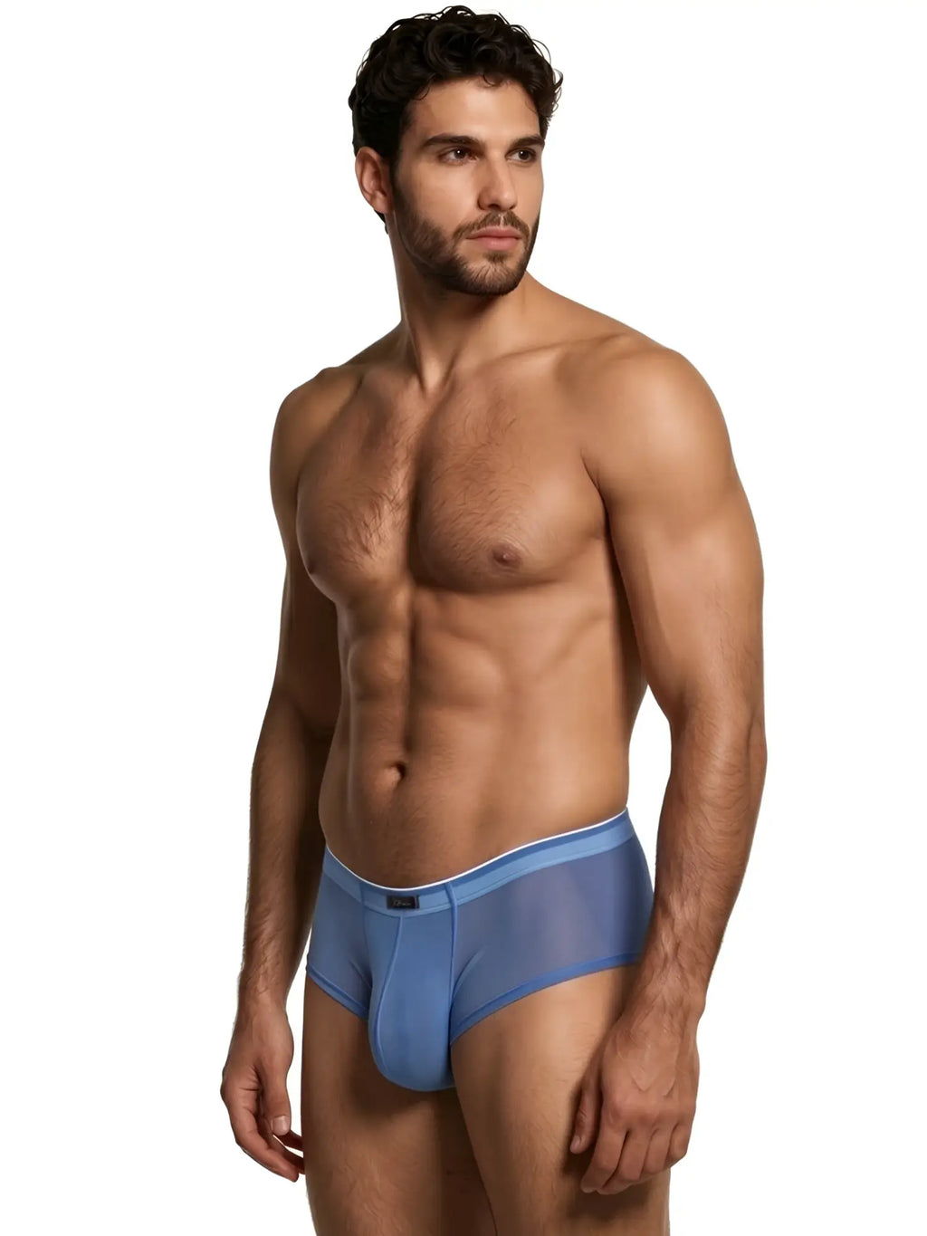 Xtremen men's blue mesh briefs with a slim white-trimmed waistband worn by a shirtless man.