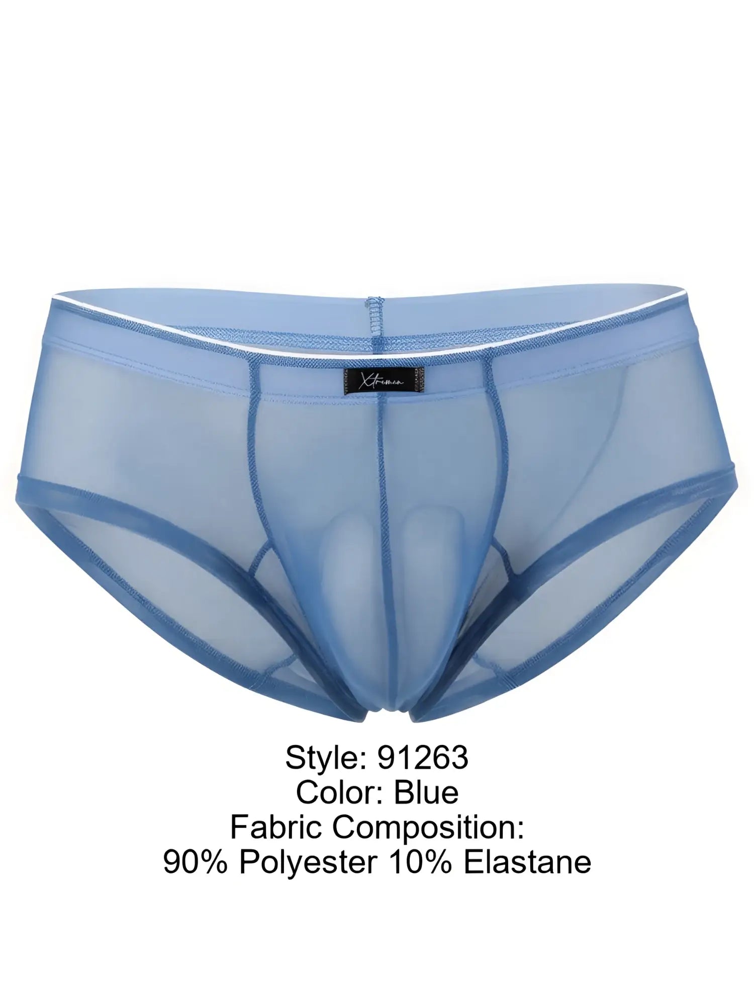 Xtremen blue sheer mesh men's briefs with a branded waistband and white trim detail.