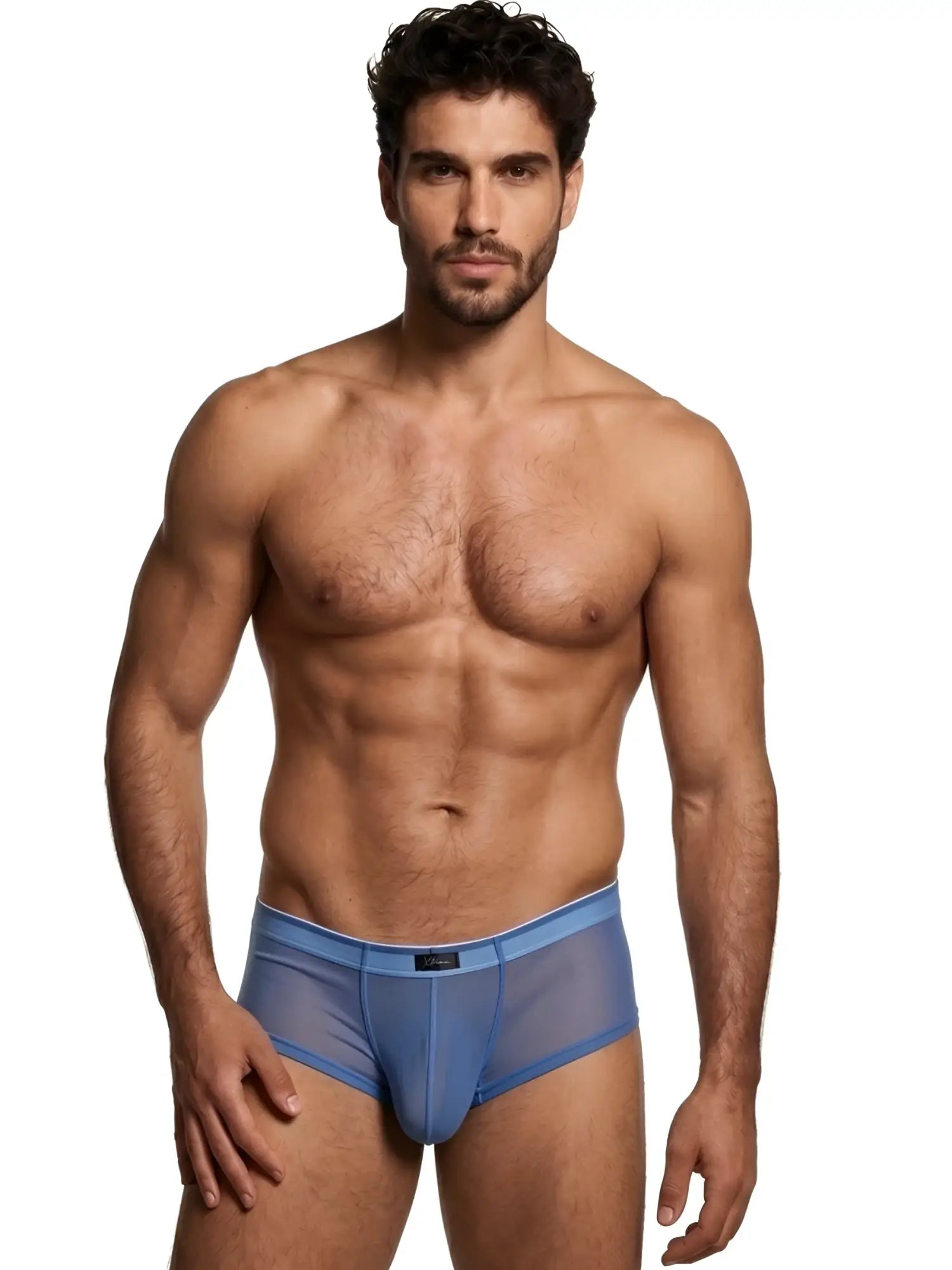 Xtremen men's blue mesh briefs with a form-fitting design and a branded waistband on a male model.