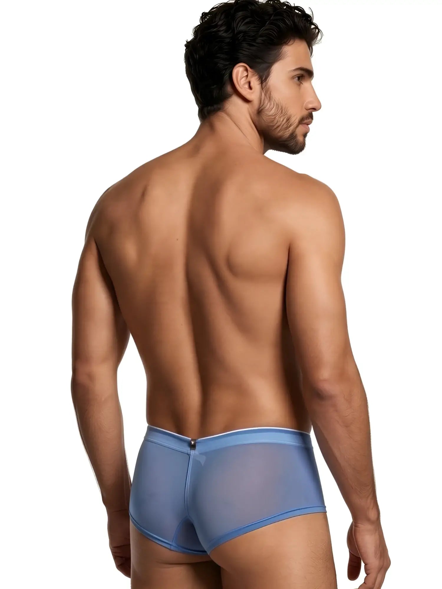Xtremen men's blue sheer mesh briefs worn by a model, shown from a rear perspective.