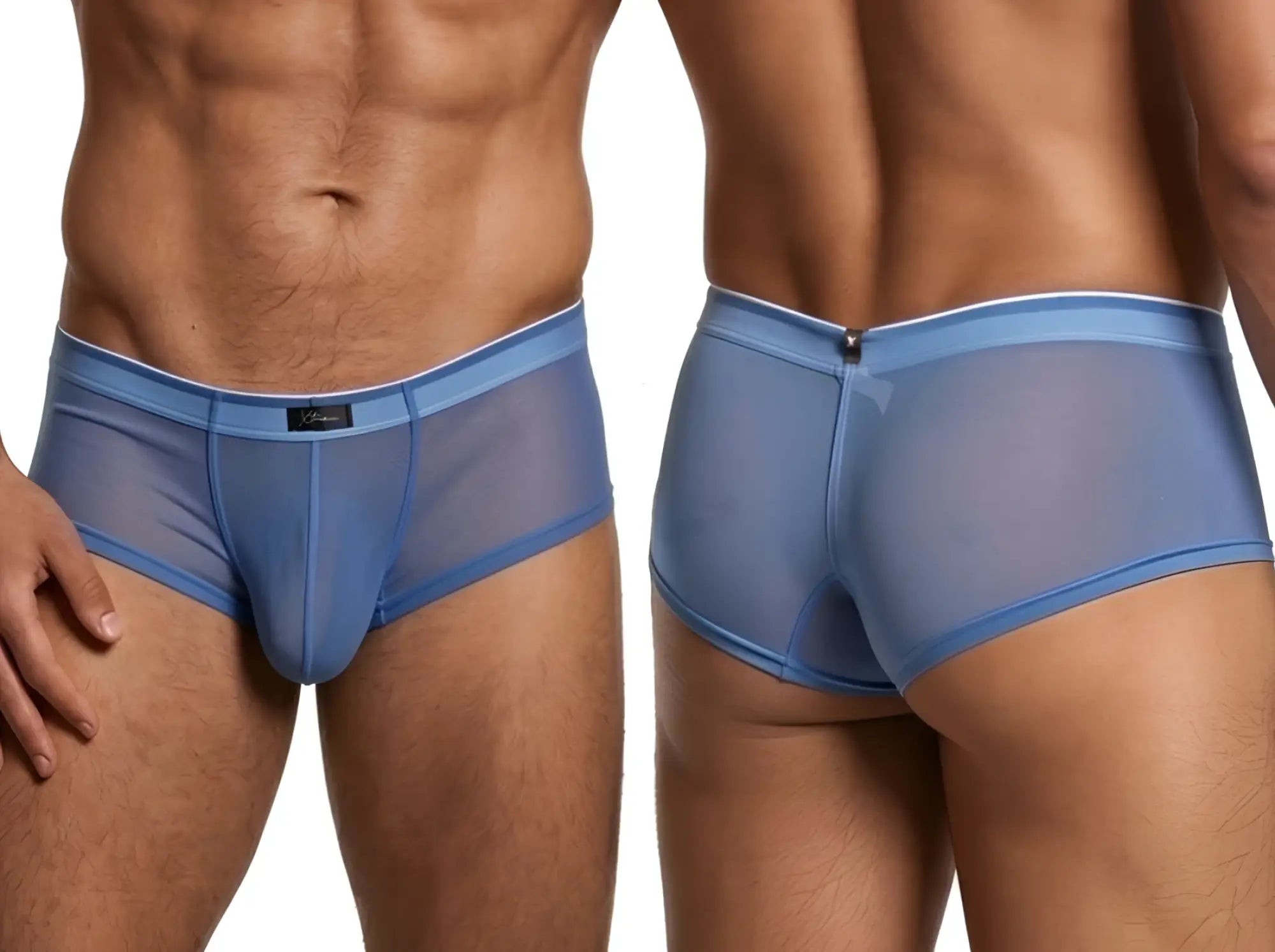 Xtremen men's blue mesh briefs shown from the front and back.