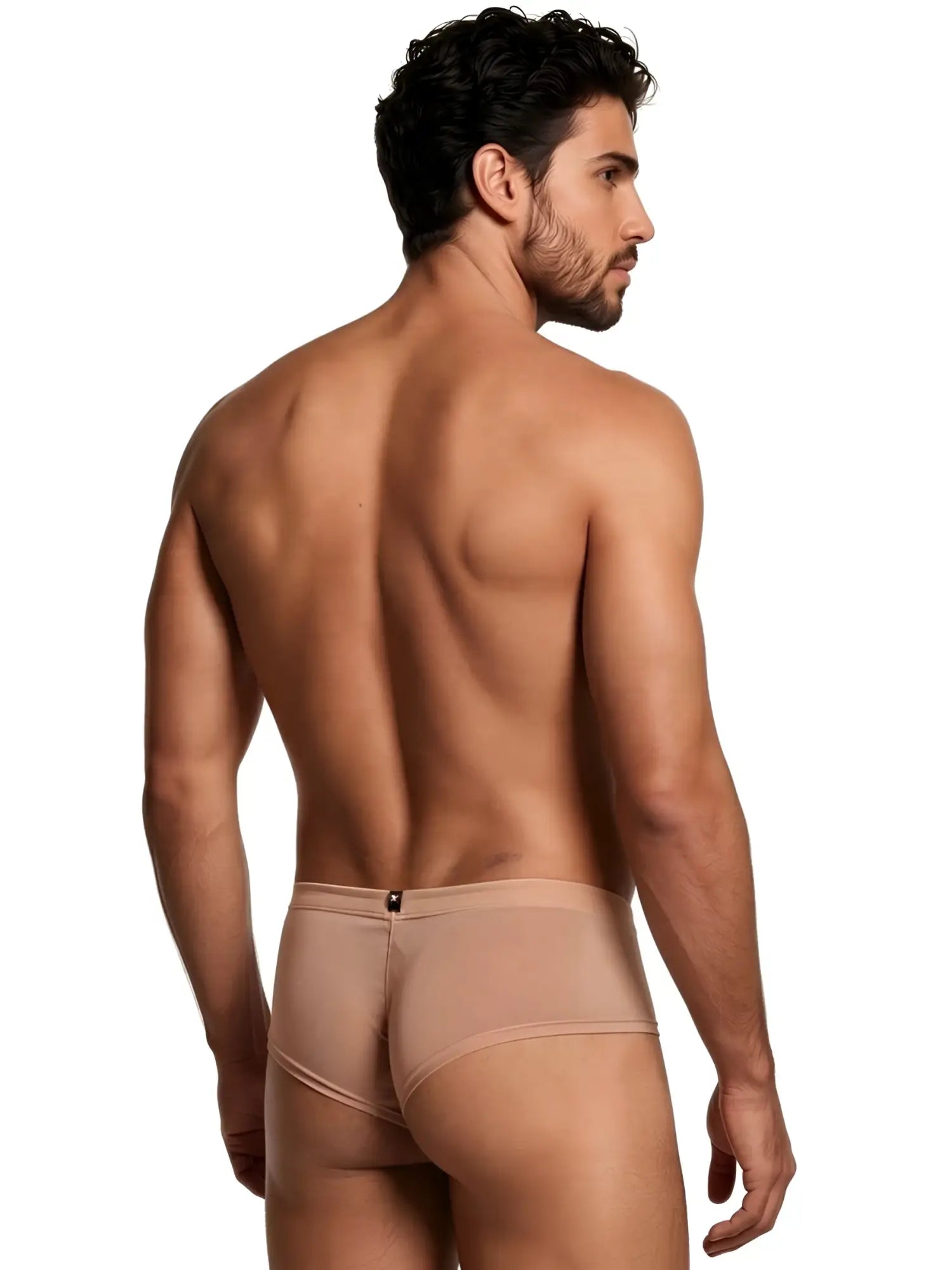 Xtremen men's beige briefs in a sheer, fitted style worn by a muscular man, viewed from the back.