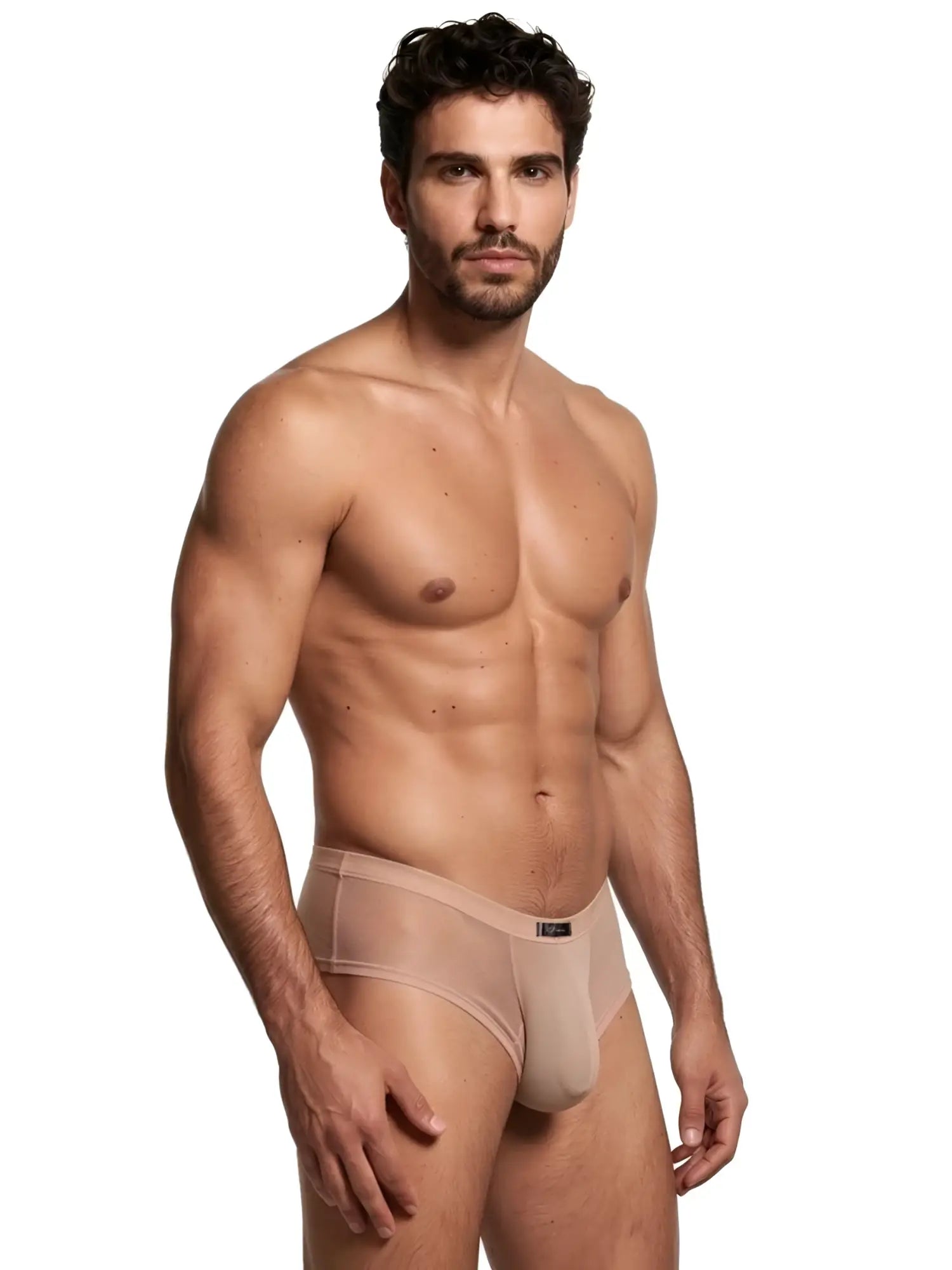 A model wears sheer, nude-colored Xtremen briefs.
