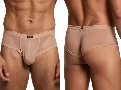 Front and back view of sheer nude Xtremen briefs with a center front logo tag.